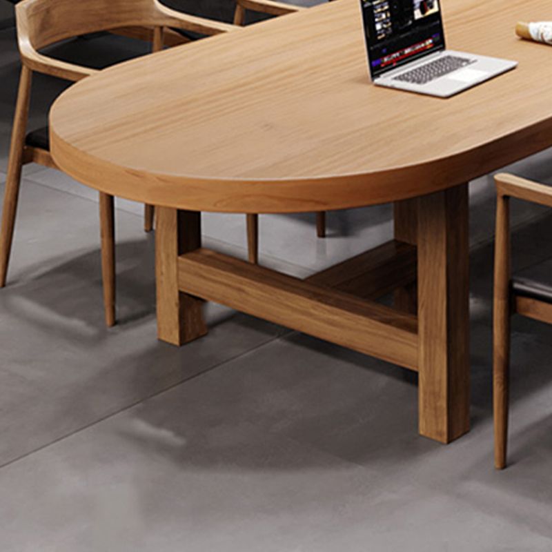 Pine Wood Top Dining Table Modern Oval Table with Double Pedestal Base