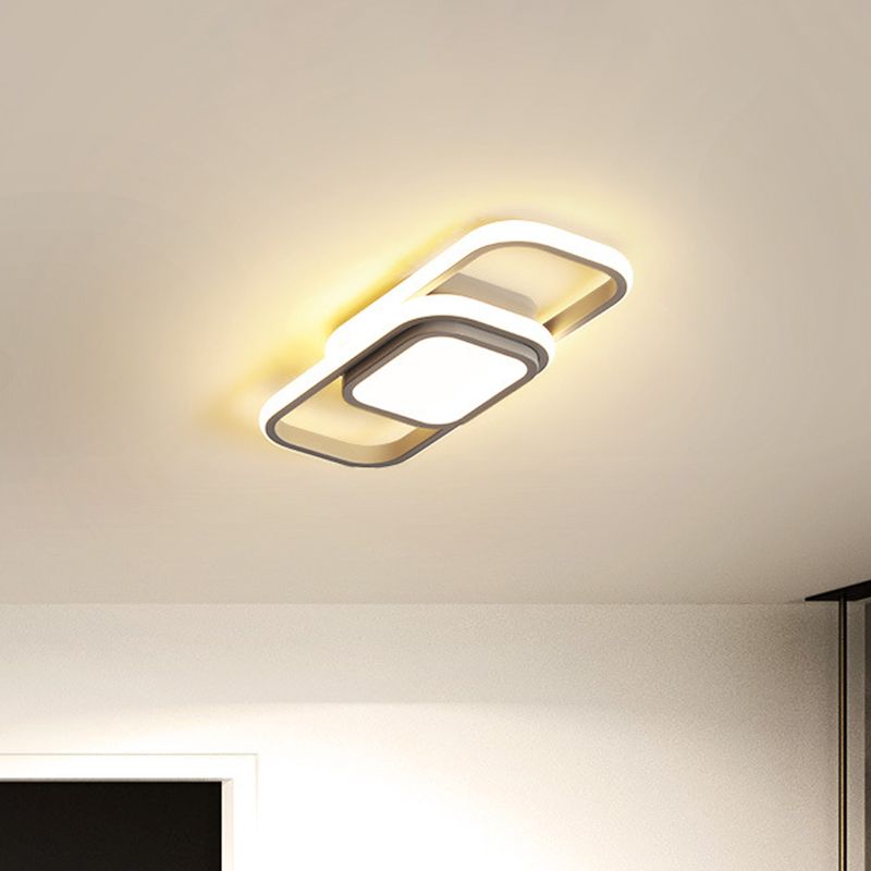 Cubic/Cuboid Dorm Ceiling Lamp Metal Simple 16/23.5 Inch Wide LED Flush Light Fixture in Black/Grey with Glow Frame, Warm/White Light