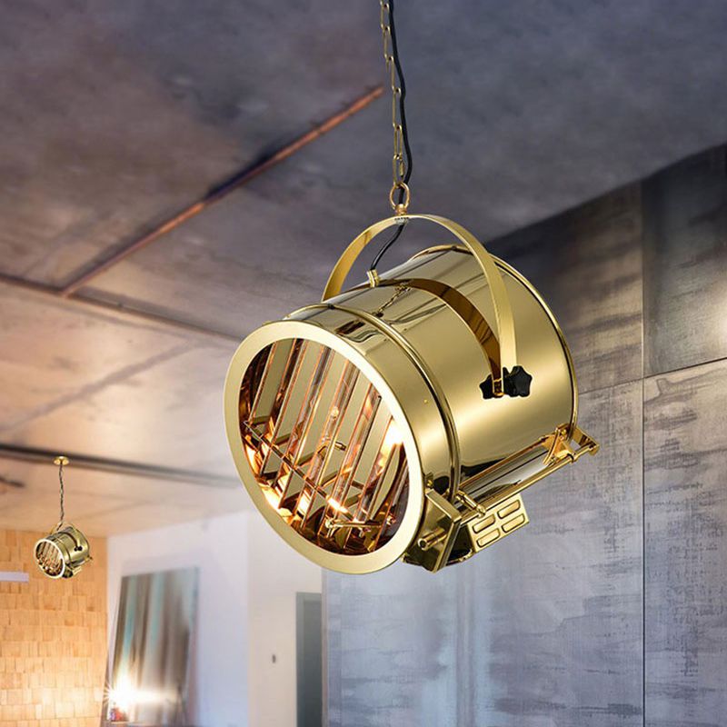 Stainless Steel Gold Pendant Light Fixture Drum 1-Head Art Deco Spotlight with Handle for Office