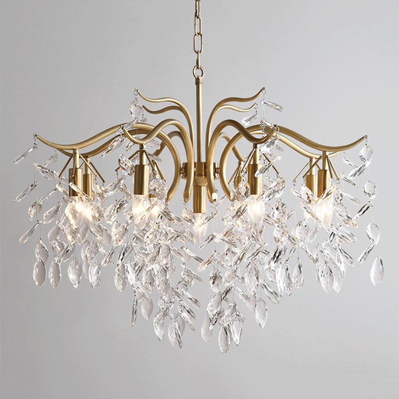 Gold Branches Suspended Lighting Fixture Rustic Crystal Living Room Chandelier Pendant Light