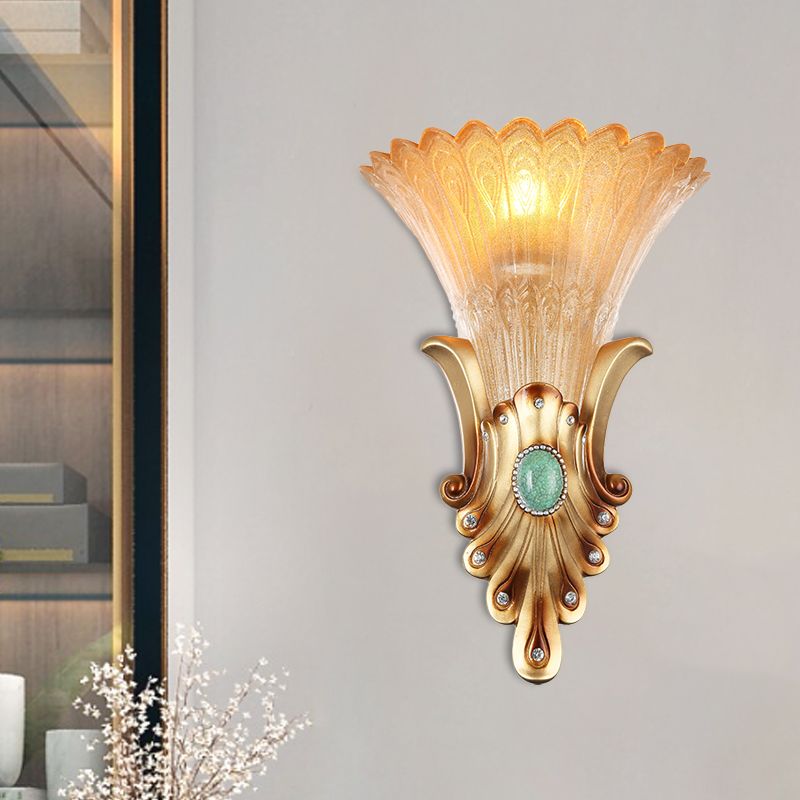 Scalloped Corridor Wall Sconce Loft Style Amber Ribbed Glass 1-Bulb Gold Wall Lighting with Peacock Feather Design