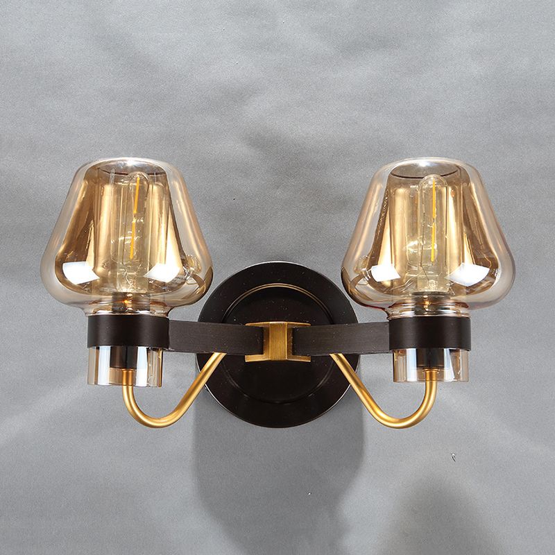 2-Light Mushroom Sconce Light Fixture Modern Black Amber Glass Wall Lamp for Living Room
