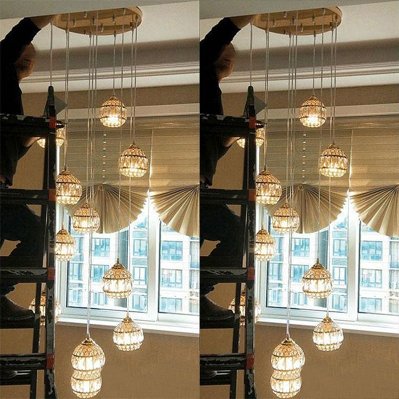 Crystal Encrusted Sphere Multi-Light Pendant Modern Style Ceiling Hanging Lantern in Gold for Staircase