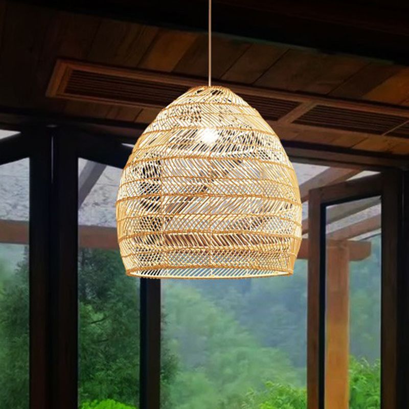 Single-Bulb-Restaurant Hanging Lampe Minimalist Deckenleuchte mit Cloche Rattan Schatten