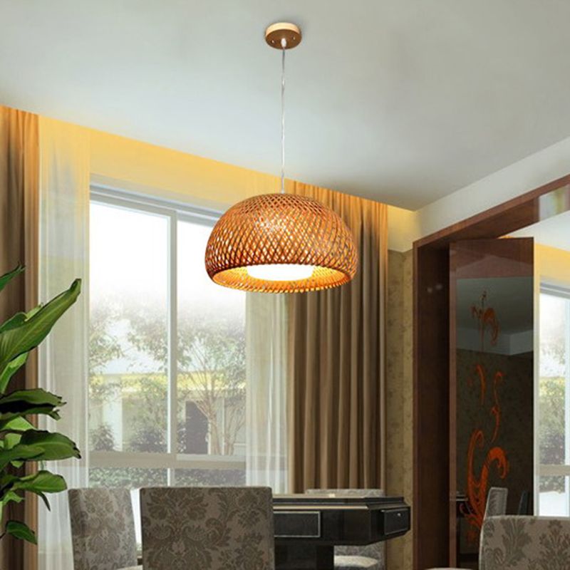 Double-Decker Bamboo Pendant Lights Milk White Glass Shade 1 Light Suspended Light for Restaurant Aisle