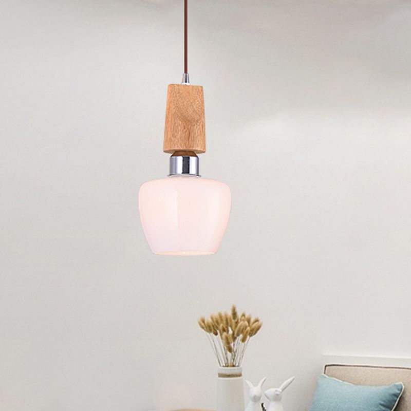 Chrome Tulip Pendant Vintage 1-Light Frosted White Glass Hanging Lighting with Wood Top