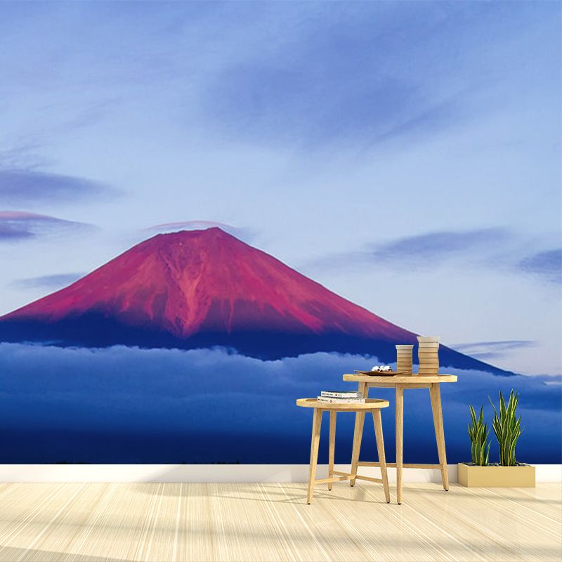 Volcano Reflection in Lake Mural Blue-Red Modernism Wall Covering for Accent Wall