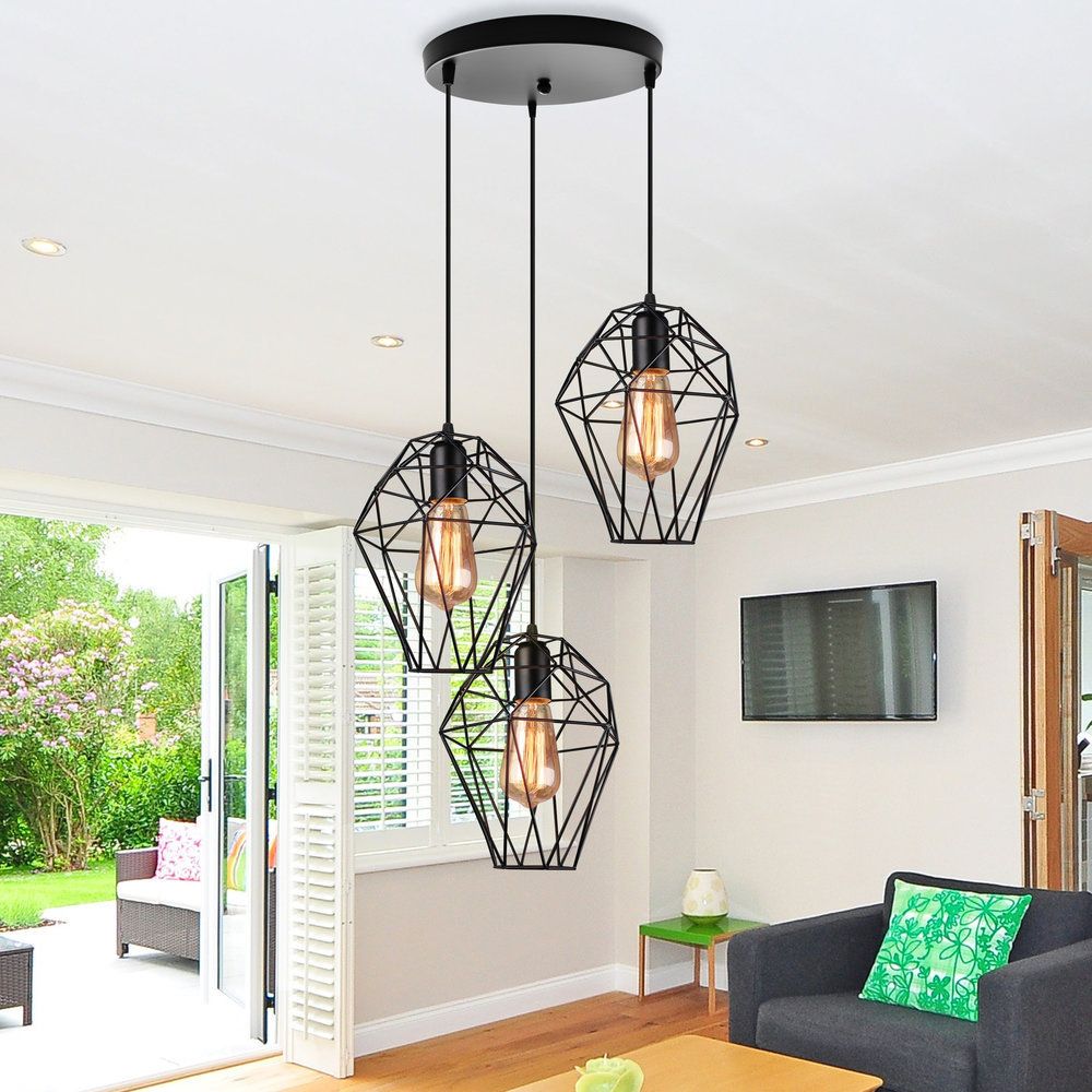 Metallic Black Suspended Light Geometric 3 Bulbs Vintage Ceiling Pendant Lamp with Cage Shade and Round/Linear Canopy