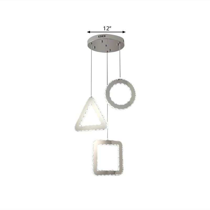 Clear Crystals Stainless-Steel Multi Ceiling Lamp Geometric Contemporary LED Pendant Lighting, Linear/Round Canopy