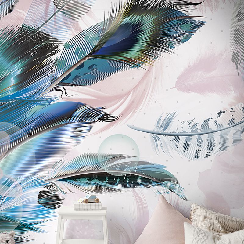 Elegant Feather Wall Mural for Living Room Chinese Traditional Wall Covering in Aqua, Made to Measure