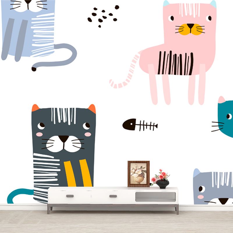 Cat with Fish Bone Mural Childrens Art Washable Bedroom Wall Decoration, Custom Made