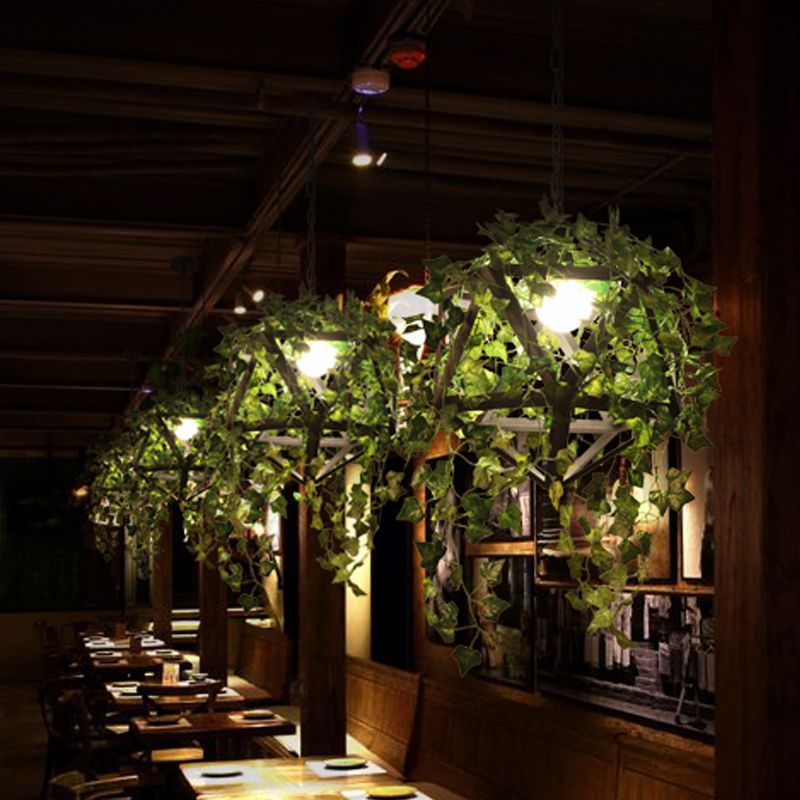 1 Light Suspension Pendant Light Industrial Geometric Metal LED Ceiling Hang Fixture in Black with Plant Decor