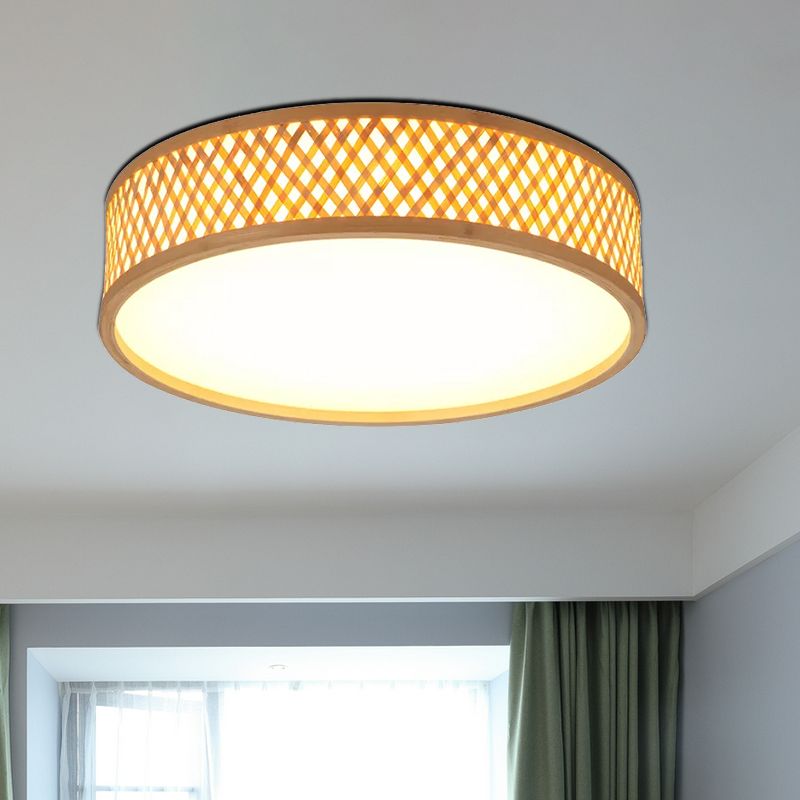 Asian Stylish Cross Woven Flushmount Light with Drum Shade Bamboo 10"/14" W LED Indoor Ceiling Lamp in Beige, Warm/White Light