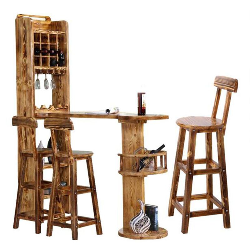 Brown Pine Wood Bistro Table with Wine Holder Pub Table for Home