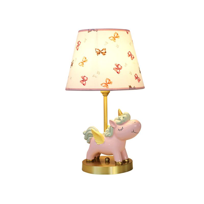 Resin Flying Horse Table Lamp Kids 1 Head Nightstand Light in Pink/Blue with Printed Fabric Shade