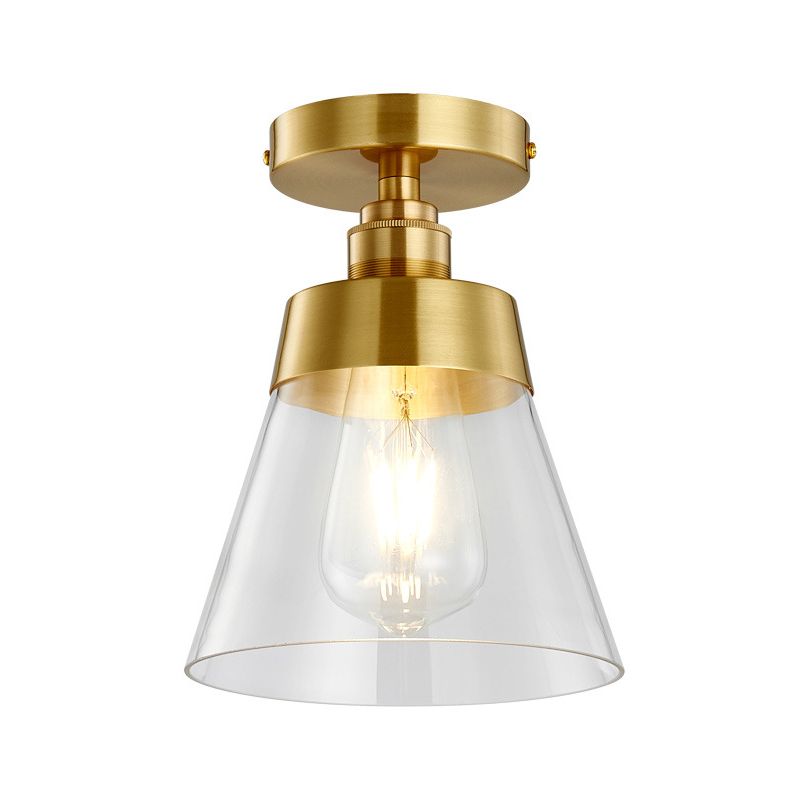 1 Light Gold Finish Semi-Flush Mount Light with Conical Shade and Clear Glass Minimalist Semi Flush Ceiling Light
