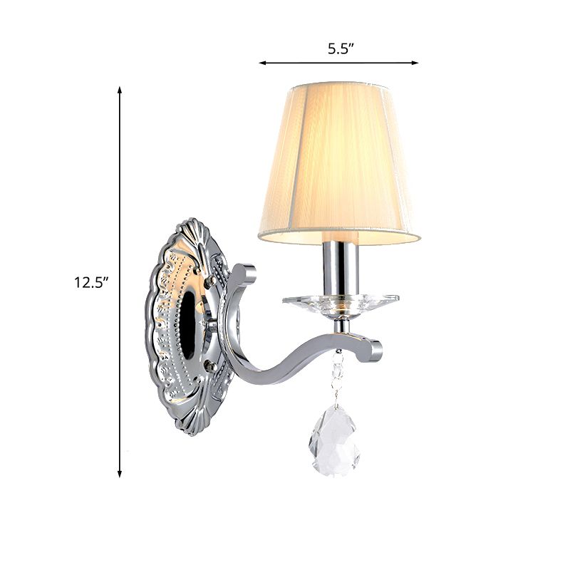 1/2-Head Pleated Fabric Wall Light Modernism Beige Cone Corner Sconce with Chrome Curving Arm