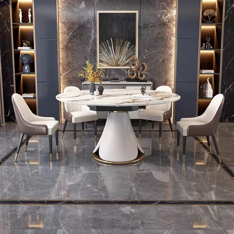 Glam Sintered Stone Extendable Table Round Shape Kitchen Dining Table with Pedestal Base