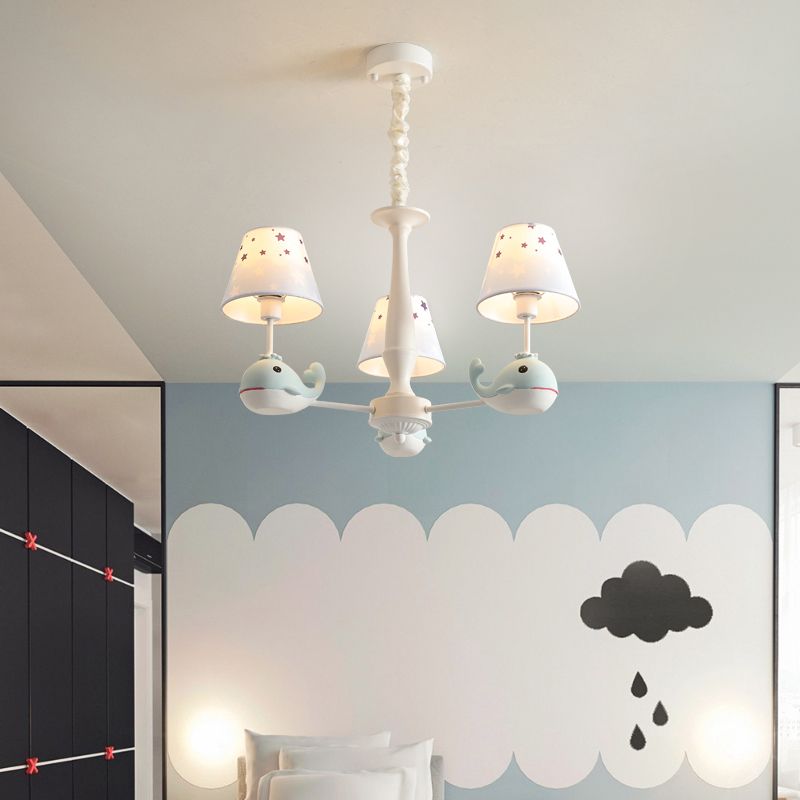 Star Patterned Fabric Chandelier Pendant Light Childrens Light Blue Hanging Light with Resin Dolphin