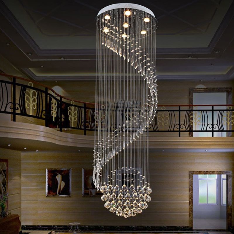 Spiral Stair Cluster Pendant Lamp Minimalist Clear Crystal 7-Light Silver LED Ceiling Light