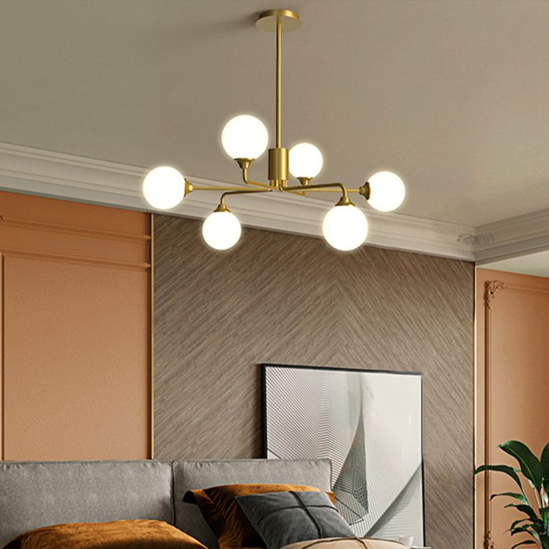 Postmodern Sputnik Island Lighting Metal 6/9/12 Heads Living Room Ceiling Pendant in Gold with Ball White Glass Shade