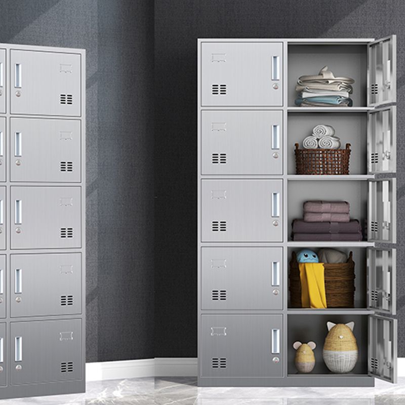 Silver Metal Cabinet with Hinged Doors Modern Steel Storage Cabinet for Home
