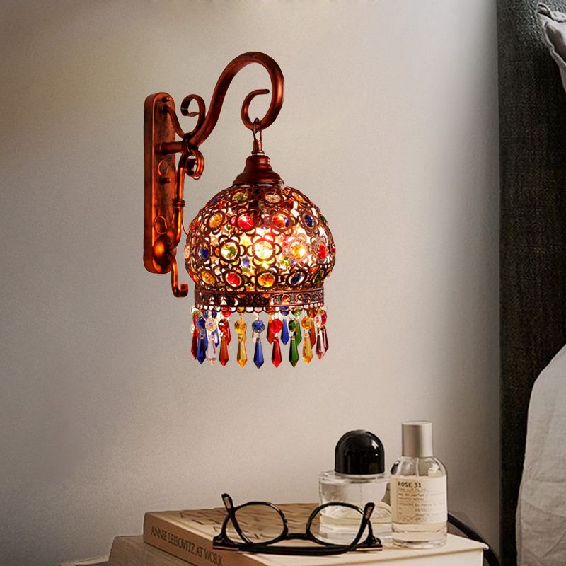 1 Bulb Globe Wall Sconce Decorative Brass/Copper Metal Wall Light Fixture with Dangling Crystal for Bedroom