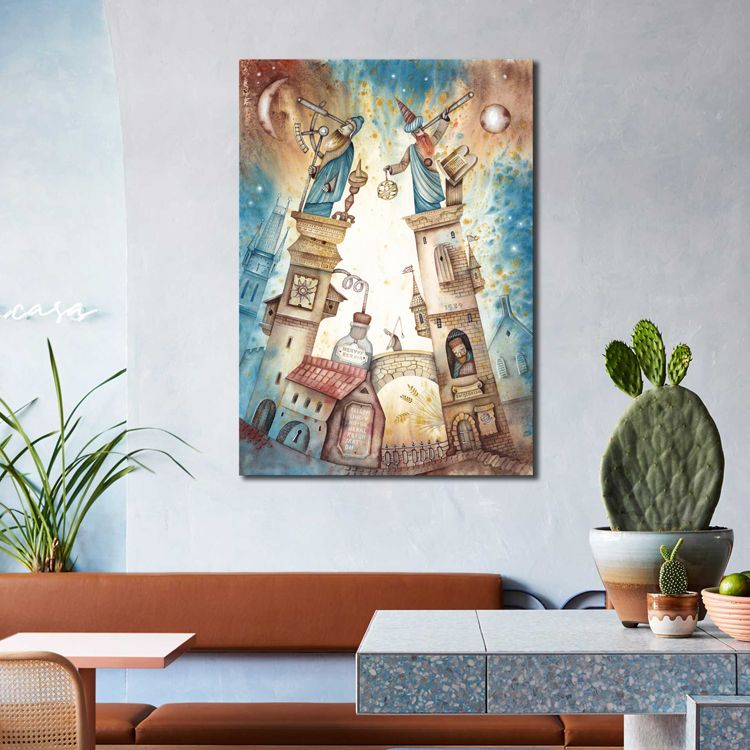 Toile texturée moderne avec illustration de décoration murale de bâtiment de couleur douce pour salle familiale