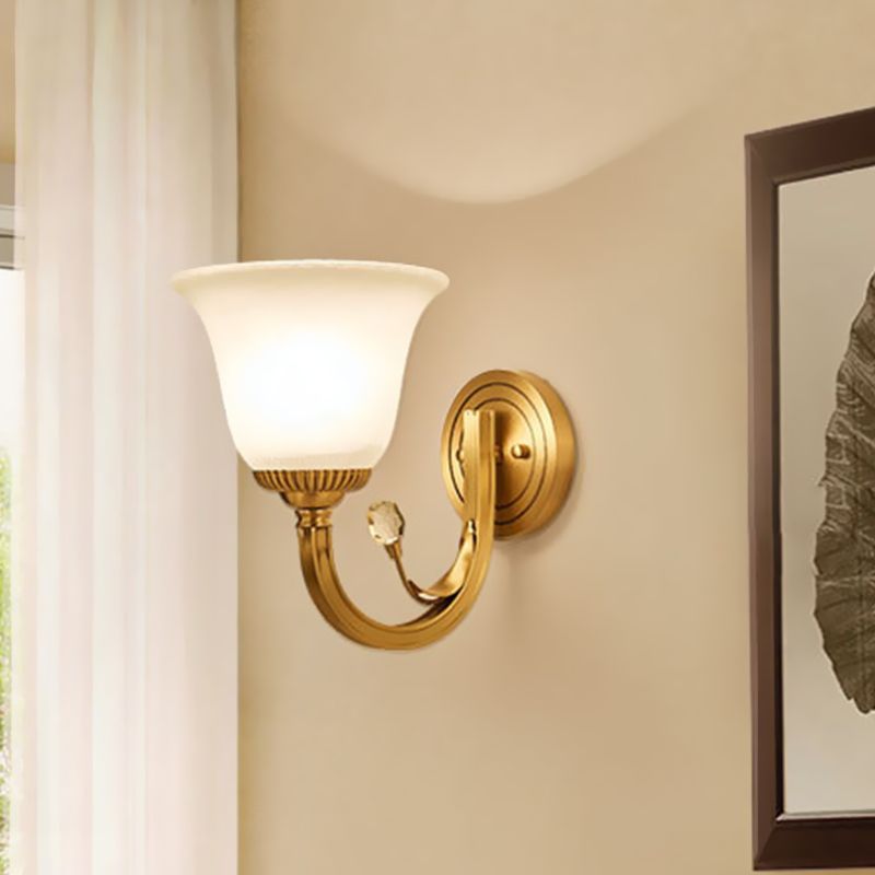 Brass Finish 1/2-Light Wall Sconce Light Colonial Frosted Glass Bell Up Wall Lamp Fixture for Corridor