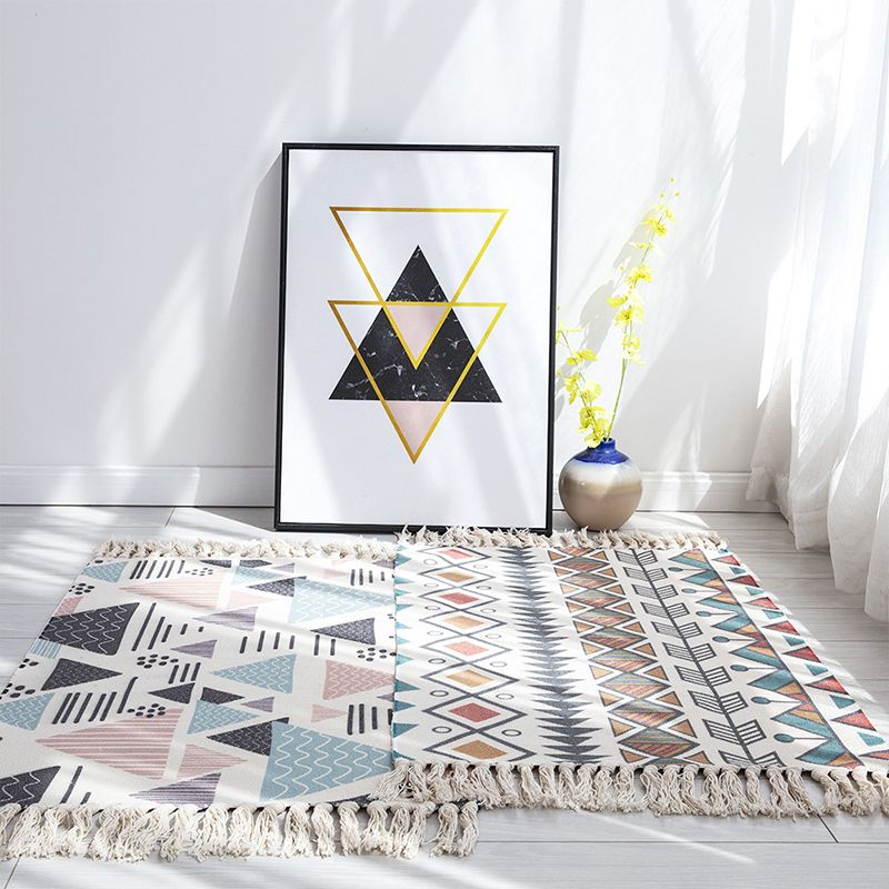 Multi Color Funky Rug Cotton Geometric Shapes Rug Pet Friendly Machine Washable Carpet for Bedroom