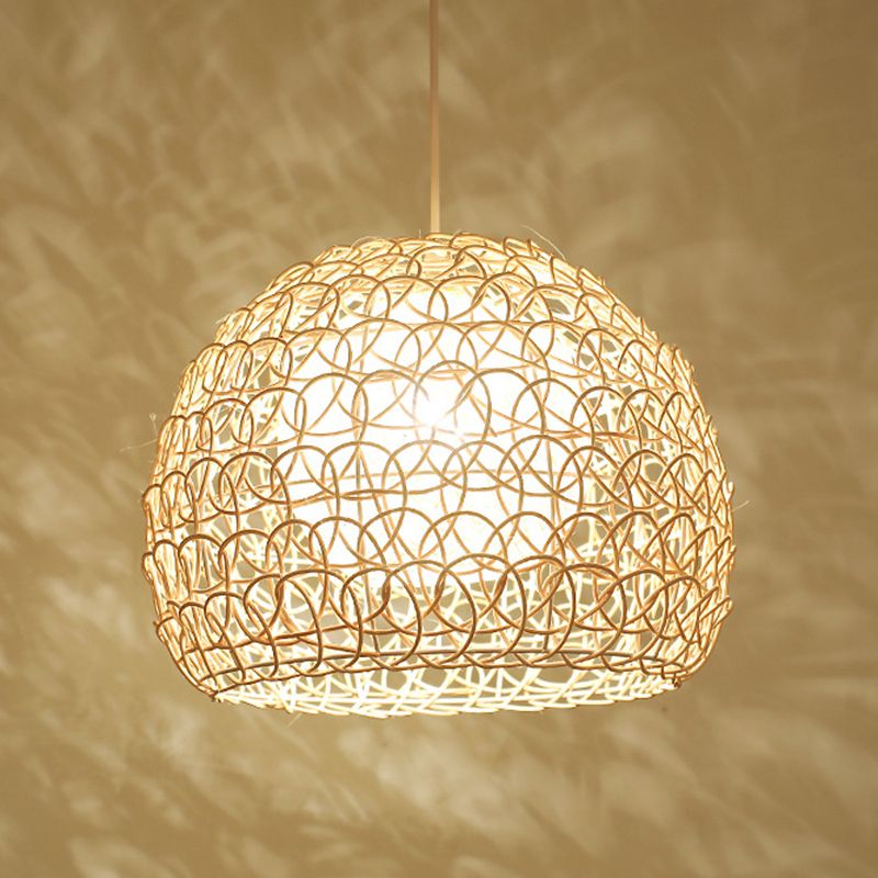 1 Light Half-circle Pendant Asia Rattan Ceiling Pendant Light with Hanging Cord for Bedroom