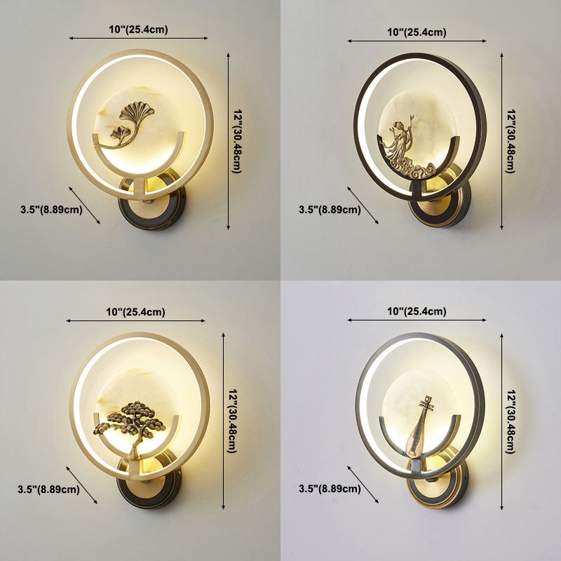 New Chinese Style Jade Wall Light Circle Shape Wall Lamp with Acrylic Shade for Bedroom