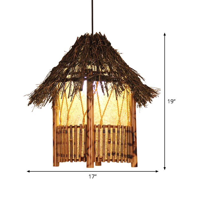 1 Head Handcrafted Pendant Light Chinese Wood Suspended Lighting Fixture in Brown