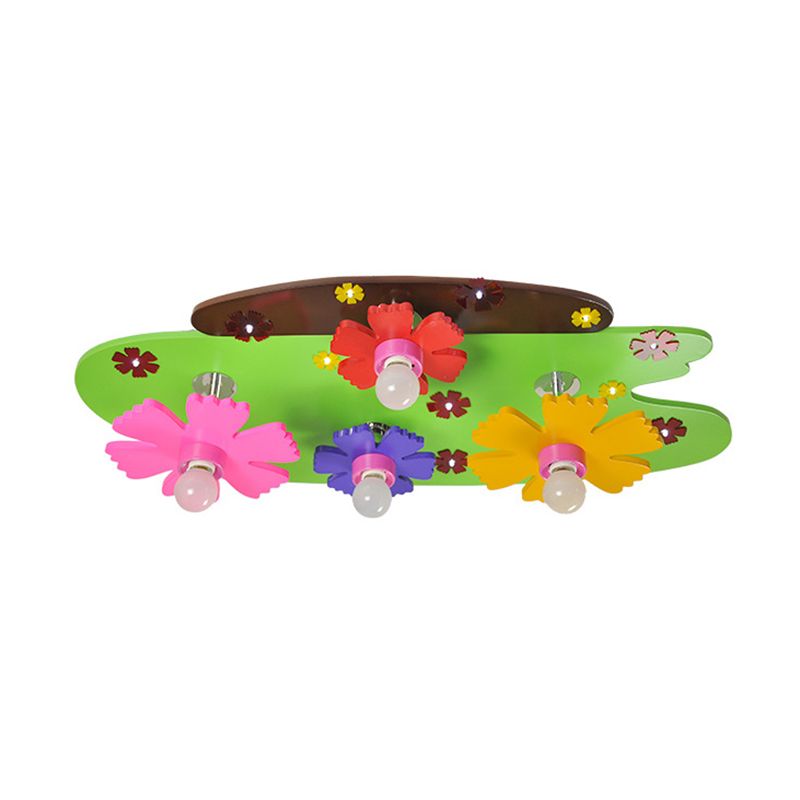 Colorful Flower Ceiling Light Four Heads Cartoon Wood Flush Mount Light for Girls Bedroom