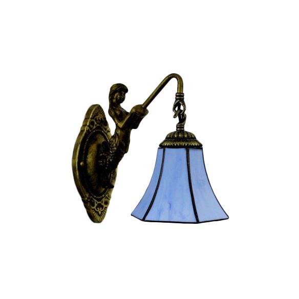 Flared Wall Light Fixture Tiffany Blue/Beige Glass 1 Head Antique Bronze Sconce Lighting