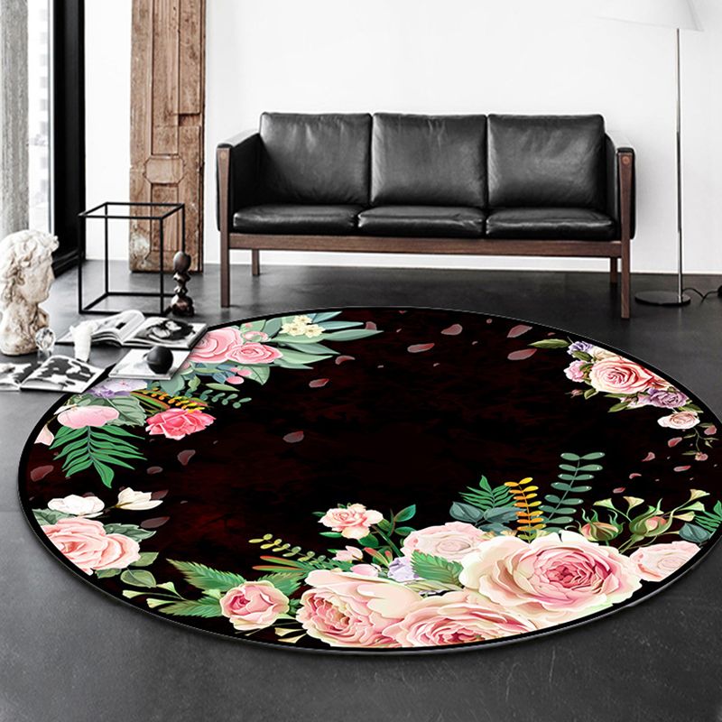 Multicolored Floral Printed Rug Contemporary Round Carpet Anti-Slip Backing Rug for Living Room