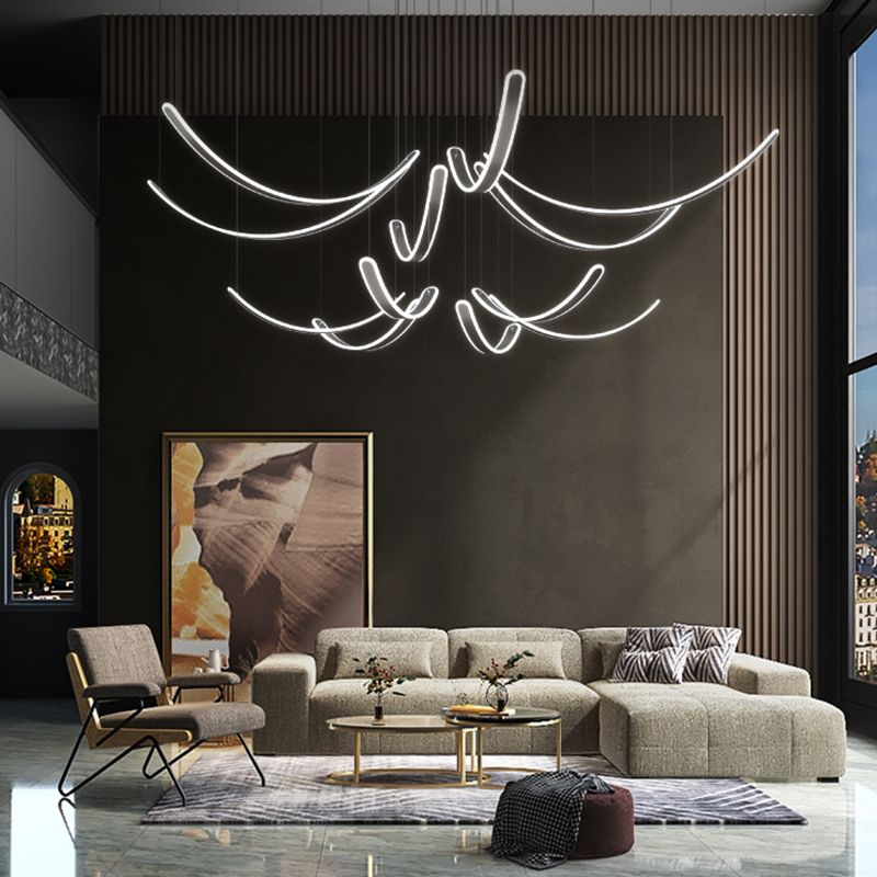 Curved LED Chandelier Minimalist Metal Living Room Villa Hanging Light in Black