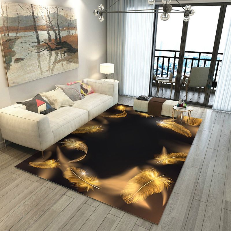Black Modern Rug Polyester Polyester Feather Rug Stain Resistant Rug for Living Room