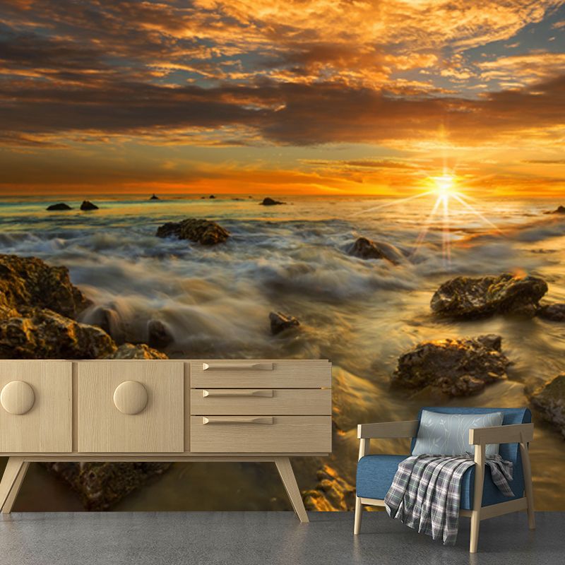 Stunning Seashore Sunset Mural Wallpaper for Home, Yellow-Blue, Personalized Size