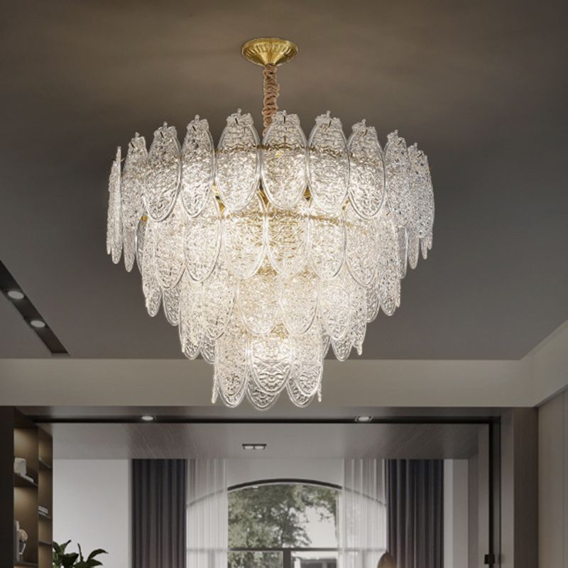 Post-Modern Oval Shaped Chandelier Pendant Light Textured Glass Living Room Hanging Light in Gold