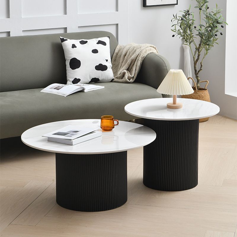 Slate Round Coffee Table Pedestal Cocktail Table Set in White