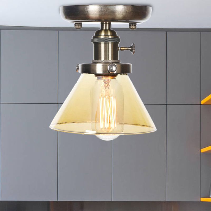 1 Light Ceiling Lighting Industrial Cone/Bell/Rhombus Clear/Amber Glass Semi Flush Mount Light in Bronze
