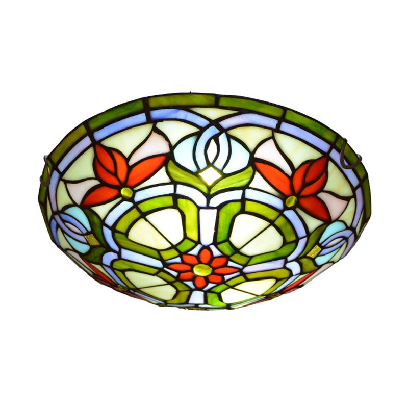 Red Flower Round Flush Mount Tiffany Stained Art Glass Ceiling Light for Bedroom