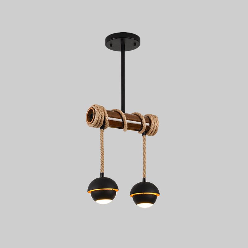 Industrial Linear Island Chandelier 2/3/6 Bulbs Iron Pendant Lamp in Black with Bamboo Tube and Rope, Warm/White Light