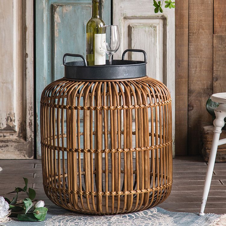 Tray Top Side Accent Table Rustic Metal and Rattan Drum End Table