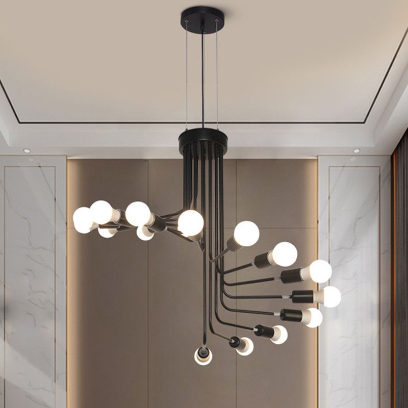 Vintage Iron Spiral Chandelier Light Open Bulbs Industrial Style Black Wrought Iron Stair Hanging Light