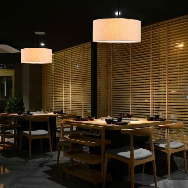 Restaurant Hanging Lamp Fixture Modern Minimalist Pendant Light with Drum Fabric Shade