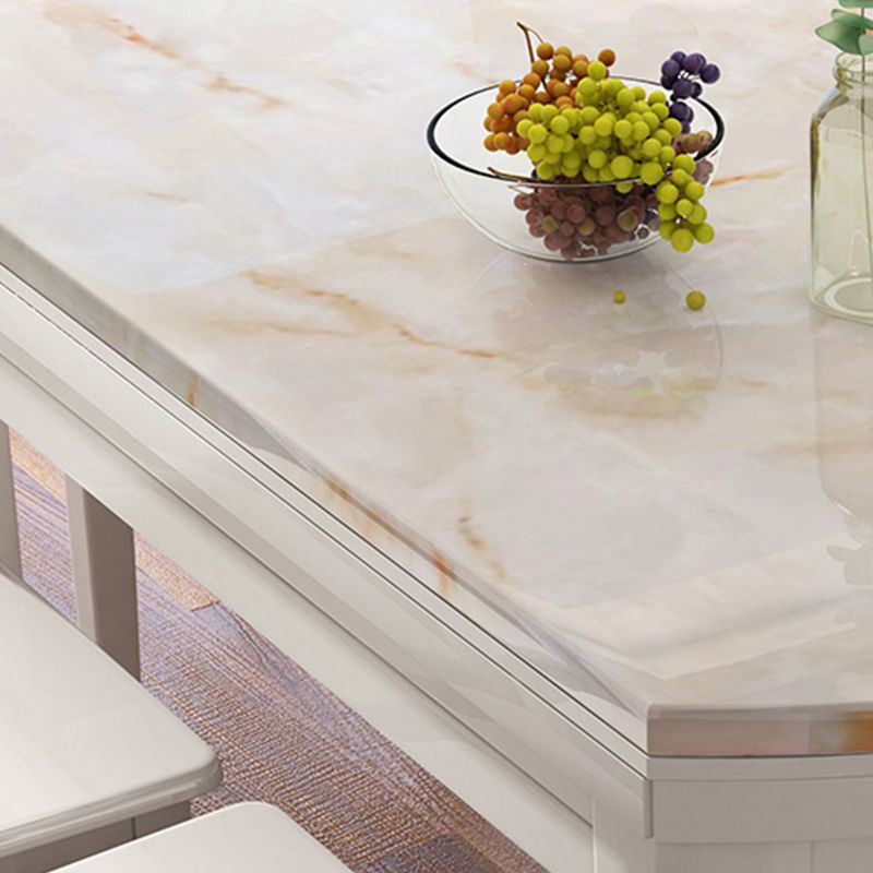 Modern Round White Stone Top Retractable Dining Table with 4 Rubberwood Legs