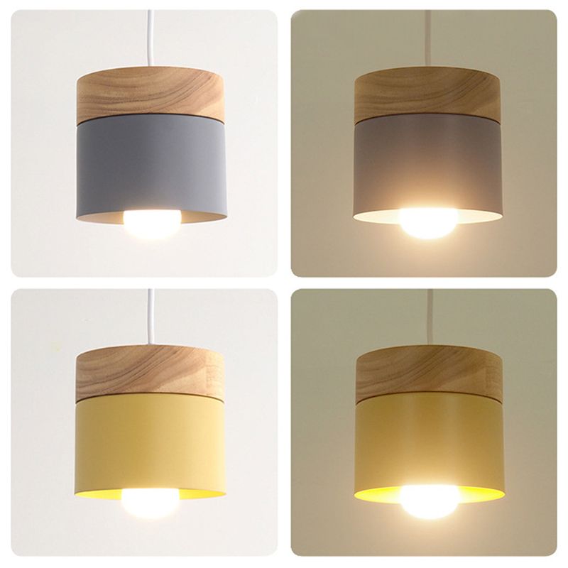 Wooden Cylindrical Hanging Lamp in Modern Creative Style Lacquered Iron Macaron Pendant Light