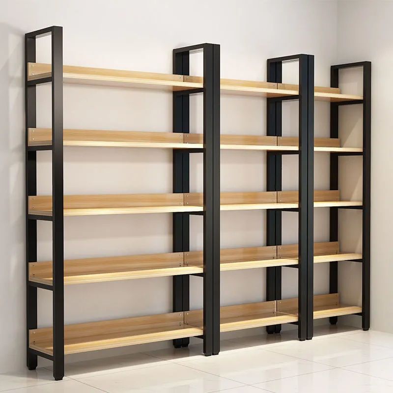 Metal and Wooden Shelf Bookcase Open Modern Brown Book Shelf for Office